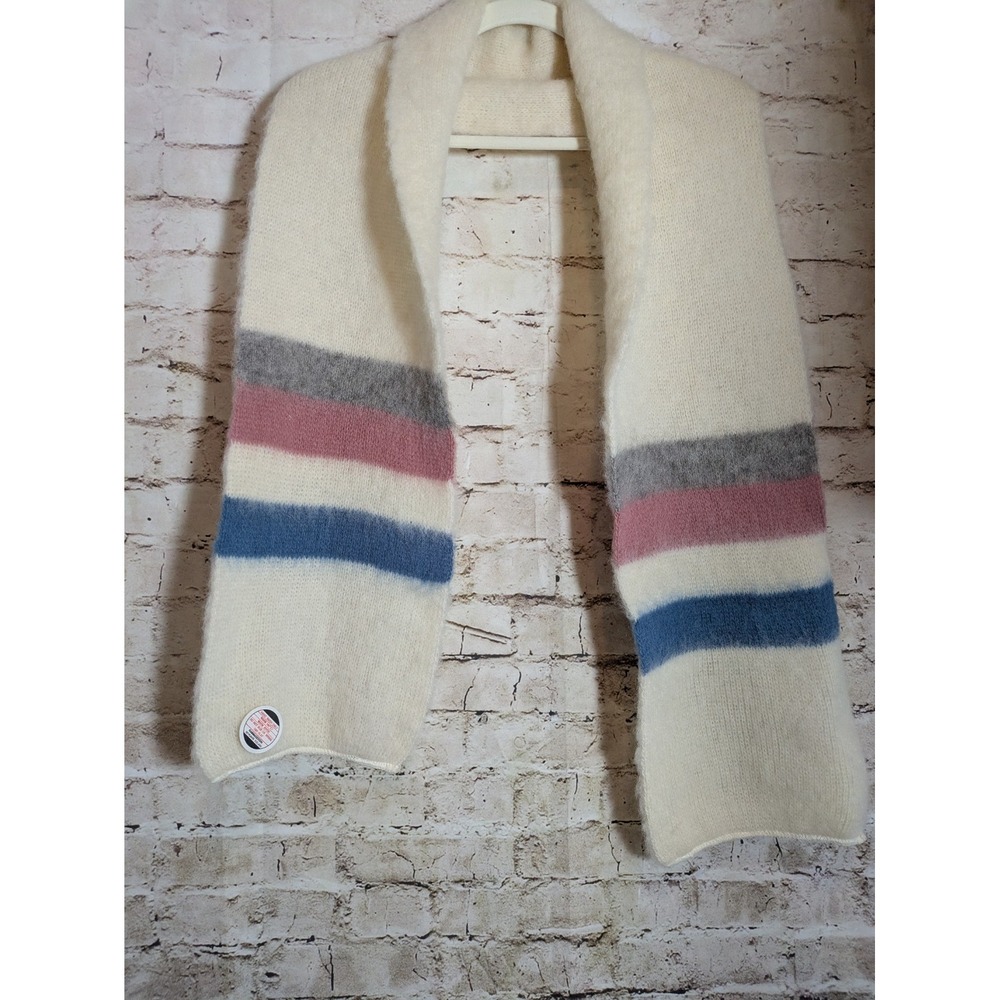 Icelandic Brushed Wool Scarf In Cream Blue & Pink Stripes Rectangular Vintage